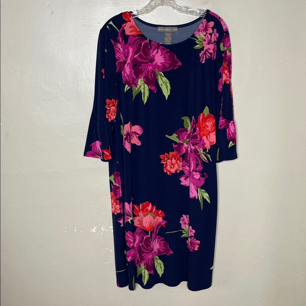ALEXANDRA + OAK Blue & Pink Floral Jersey Knit Stretchy Midi Shift Dress XXL